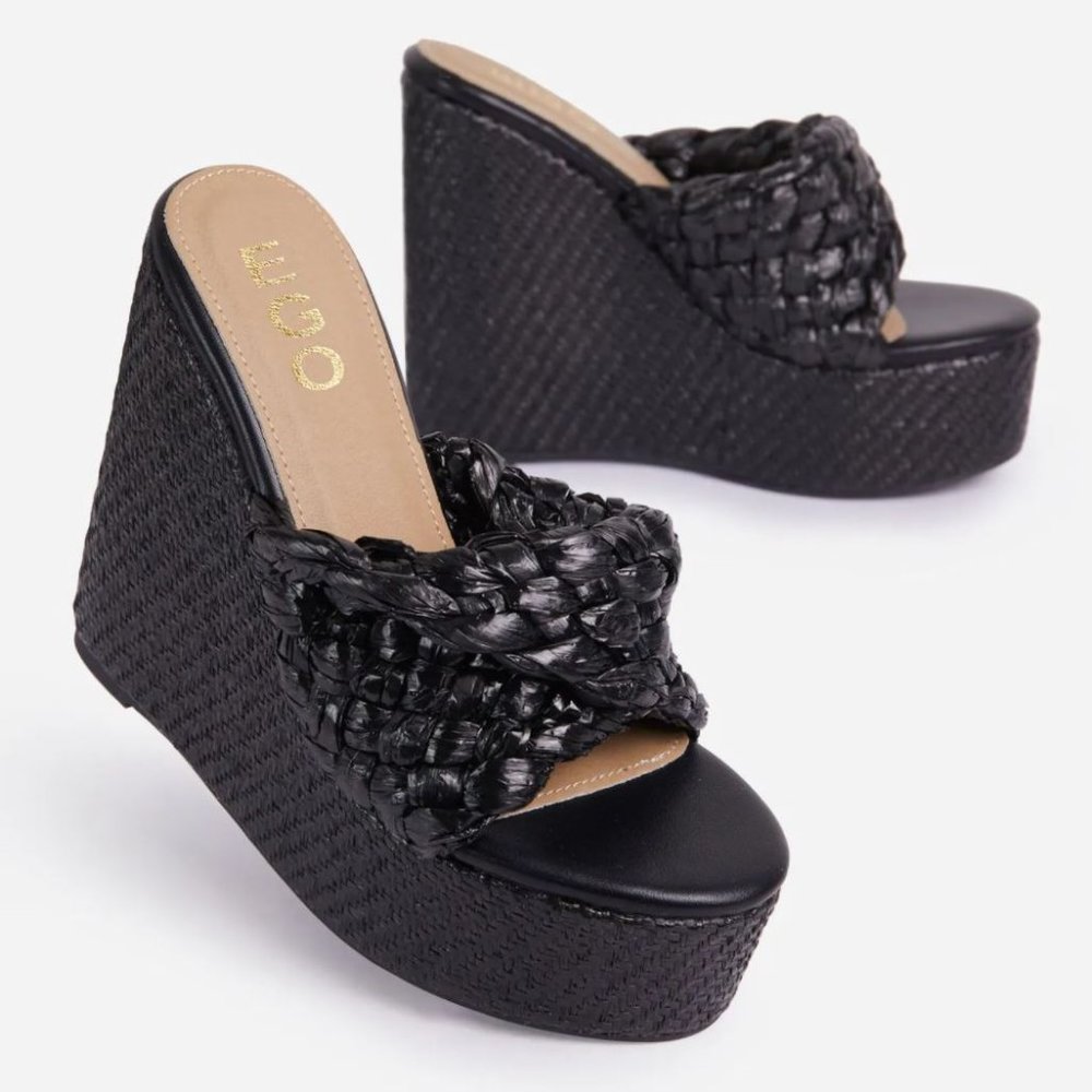 BLACK RATTAN TWISTED STRAP WOVEN PLATFORM WEDGE HEEL SANDALS